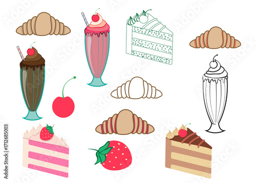 Dessert set if vector graphics - chocolate, croissant, cake, milkshake, icecream. for Cafe, menu, bakery