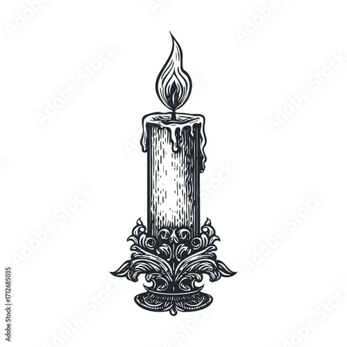 Elegant candle design with wax dripping and flame detail. Vector hand drawn illustration