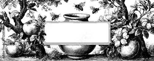 Vintage honey jar banner with floral and bee theme - perfect for labels or posters