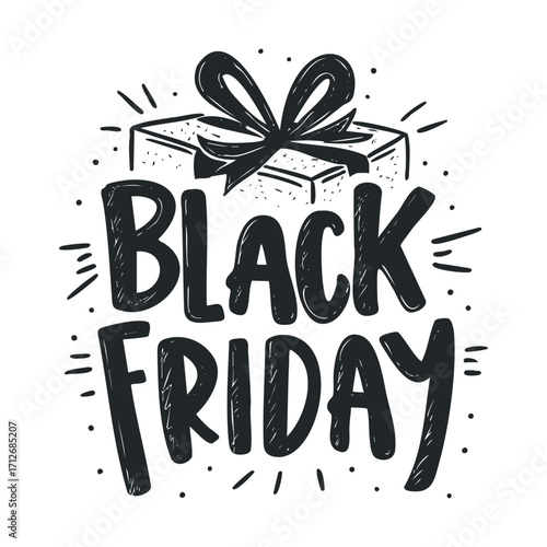 Exciting Black Friday sale with gift box and festive design elements. Vector hand drawn illustration