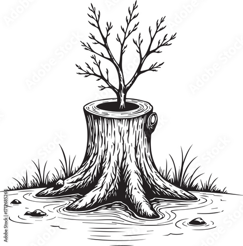Rebirth in the Wild: A poignant illustration of a nascent tree emerging from the embrace of a weathered tree stump, symbolizing nature's indomitable spirit and the cyclical dance of life and growth.