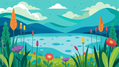 A picturesque setting of a turquoise lake framed by a whimsical meadow dotted with brightly colored wildflowers and tall swaying cattails.