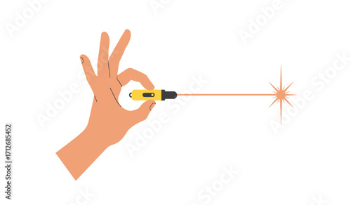 Hand holding laser pointer emitting red beam creating starburst effect indicating precision accuracy and target focus isolated on white background
