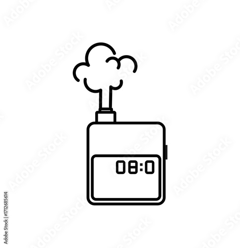 Modern electronic personal vaporizer emitting a cloud of vapor, depicted in a clean, minimalist line art style, symbolizing contemporary lifestyle choices and smoking alternatives