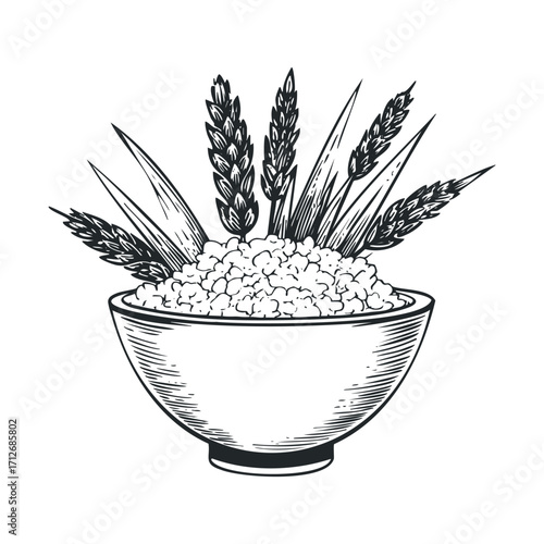 Grain bowl with wheat and rice for healthy eating and wellness. Vector hand drawn illustration