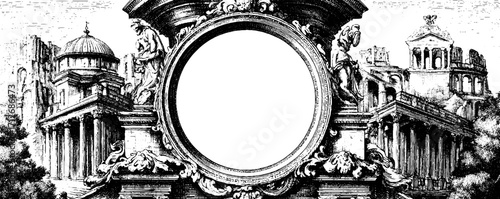 Ornate vintage frame with roman aqueduct and classical architecture
