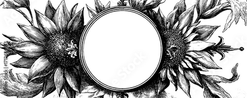 Ornate vintage frame with sunflowers and sacred geometry elements for design