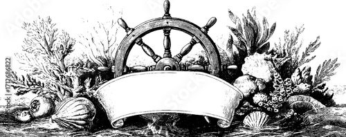 Nautical vintage ship wheel frame with ocean elements for decorative design