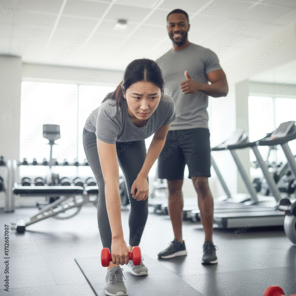 Obraz premium Young, diverse person looking a little uncertain but determined while picking up a light dumbbell for the first time. A friendly personal trainer is in the background, offering support
