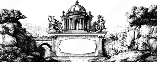 Vintage stone bridge frame with decorative architecture for design