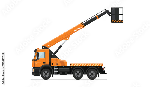 Orange crane truck with aerial platform lift extended high for construction and utility work isolated on white background