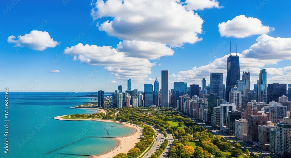 Fototapeta premium Vibrant Cityscape Skyline Overlooking a Beautiful Beach and Lake