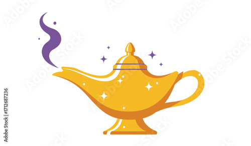Golden genie lamp with purple smoke and sparkles representing magic and wishes a mystical object of desire isolated on white background