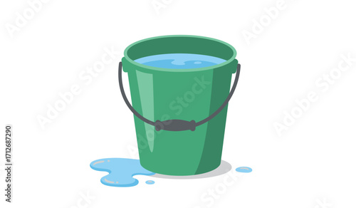 Green bucket filled with water spilling onto white surface with shadow effect and realistic rendering isolated on white background