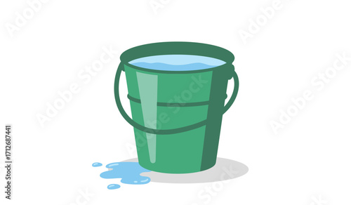 Green bucket brimming with clear blue water with a few droplets on the side representing cleaning or refreshing liquids isolated on white background