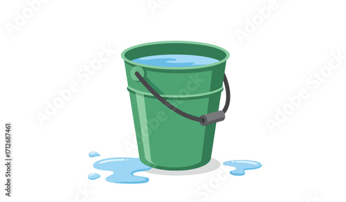 Full green bucket overflowing with water and spilled puddles reflecting light isolated on white isolated on white background
