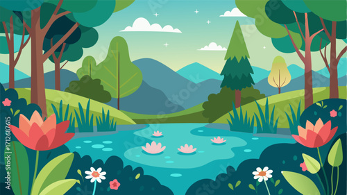 A tranquil pond surrounded by blooming wildflowers and towering trees.