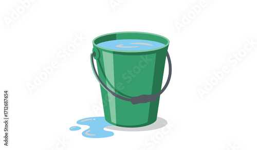 Green bucket filled with clear water standing near small puddles of spilled liquid isolated on white background