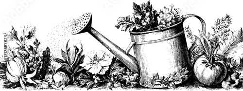 Vintage botanical watering can frame design for garden decor and cards