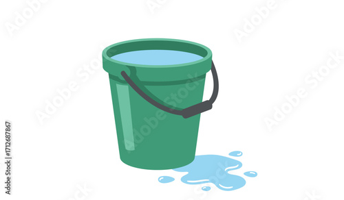 Full green bucket with water spilling out onto a white surface isolated on white background