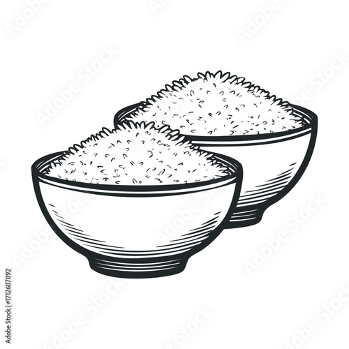 Two bowls of uncooked rice ready for cooking and meal preparation. Vector hand drawn illustration
