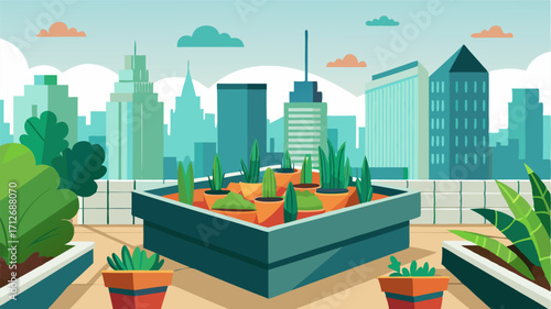 A modern twist on a traditional garden this urban rooftop space features sleek and angular planters filled with a variety of herbs vegetables and flowers. Take in the city views