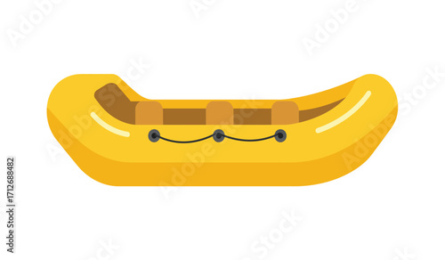 Bright yellow inflatable raft with seats for whitewater river adventure and water sports activity isolated on white background