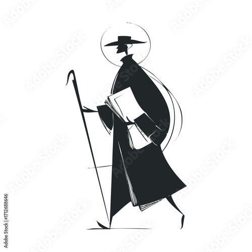 Artistic representation of a traveler with a walking stick and books