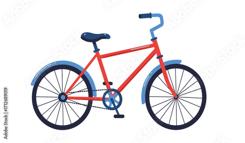 Classic red bicycle with blue fenders and black tires isolated on white ideal for transportation and lifestyle content isolated on white background