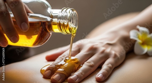 Close up of therapist pouring massage oil on woman hand in spa salon