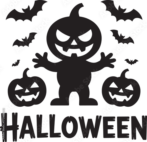 Spooky pumpkin character with bats and text halloween jackolantern