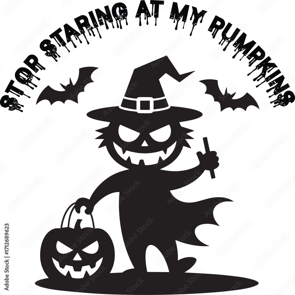 Fototapeta premium Witch holding pumpkin and bats with dripping text halloween spooky