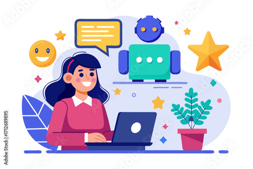 Vector flat illustration showing a man giving a star rating to an AI chatbot on a digital interface. Perfect for concepts related to customer feedback, online reviews, chatbot interaction, user satisf