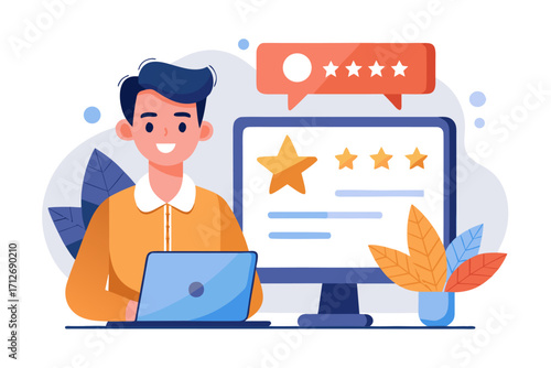 Vector flat illustration showing a man giving a star rating to an AI chatbot on a digital interface. Perfect for concepts related to customer feedback, online reviews, chatbot interaction, user satisf