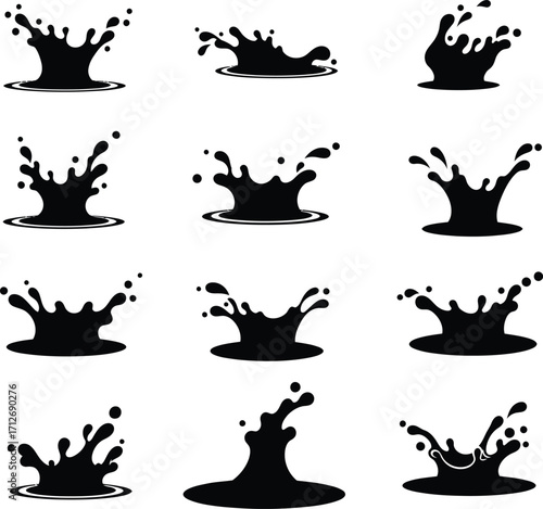 Collection of twelve black silhouette water splash illustrations in various shapes and arrangements on white