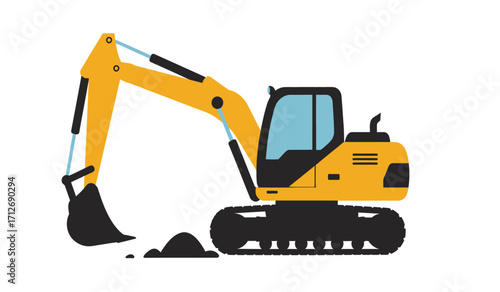 Yellow excavator digging in construction site with tracks and bucket detailed heavy machinery industrial equipment for site development and earthmoving tasks isolated on white background