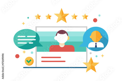 Vector flat illustration showing a man giving a star rating to an AI chatbot on a digital interface. Perfect for concepts related to customer feedback, online reviews, chatbot interaction, user satisf