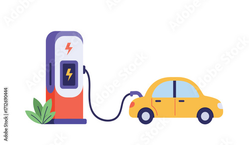 Electric vehicle charging station modern yellow car connects to renewable energy power supply eco-friendly transportation future isolated on white background