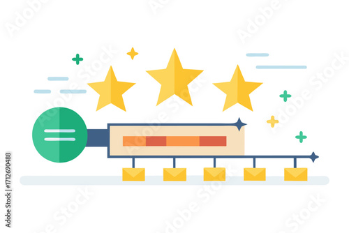 Vector flat illustration showing a man giving a star rating to an AI chatbot on a digital interface. Perfect for concepts related to customer feedback, online reviews, chatbot interaction, user satisf