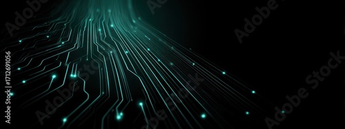 Digital circuit lines glow in dark background with luminous dots moving