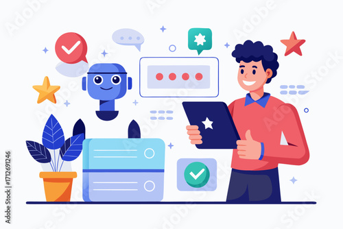 Vector flat illustration showing a man giving a star rating to an AI chatbot on a digital interface. Perfect for concepts related to customer feedback, online reviews, chatbot interaction, user satisf