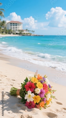 Colorful bouquet of flowers on sandy beach near ocean waves with resort in background