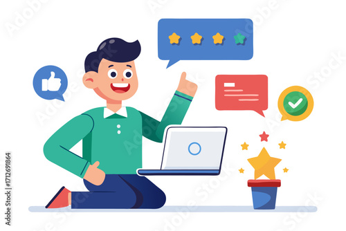 Vector flat illustration showing a man giving a star rating to an AI chatbot on a digital interface. Perfect for concepts related to customer feedback, online reviews, chatbot interaction, user satisf