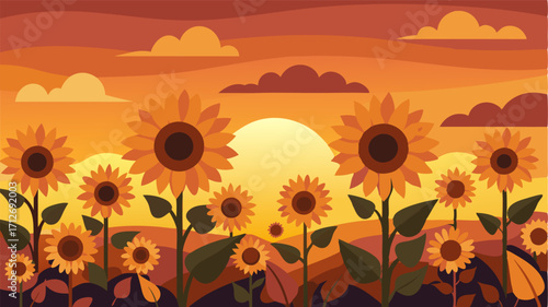 A sunflower field at sunset the warm palette of the sky perfectly complementing the vibrant flowers.
