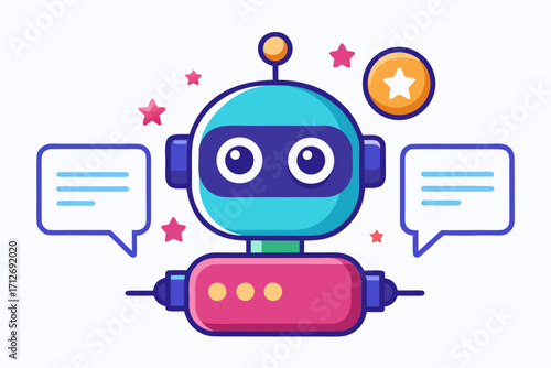 Vector flat illustration showing a man giving a star rating to an AI chatbot on a digital interface. Perfect for concepts related to customer feedback, online reviews, chatbot interaction, user satisf