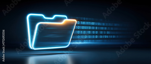 Neon folder icon with streaming binary data suggesting fast digital file transfer and secure cloud storage, futuristic tech atmosphere