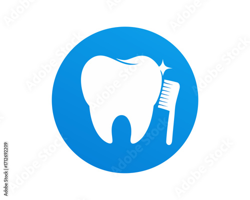 Clean white tooth with a toothbrush inside a blue circle isolated on transparent background