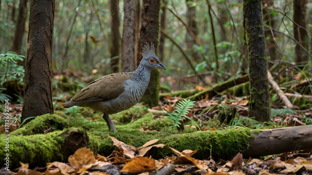 Fototapeta premium Elegant Crested Tinamou Hiding Among Fallen Logs Camouflaged perfectly among fallen logs and decaying leaves Ai