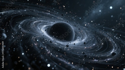 Artist rendering of a black hole with swirling accretion disk in deep space
