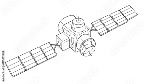 Detailed isometric line drawing of a space satellite with solar panels extending outwards in an orbiting composition isolated on white background